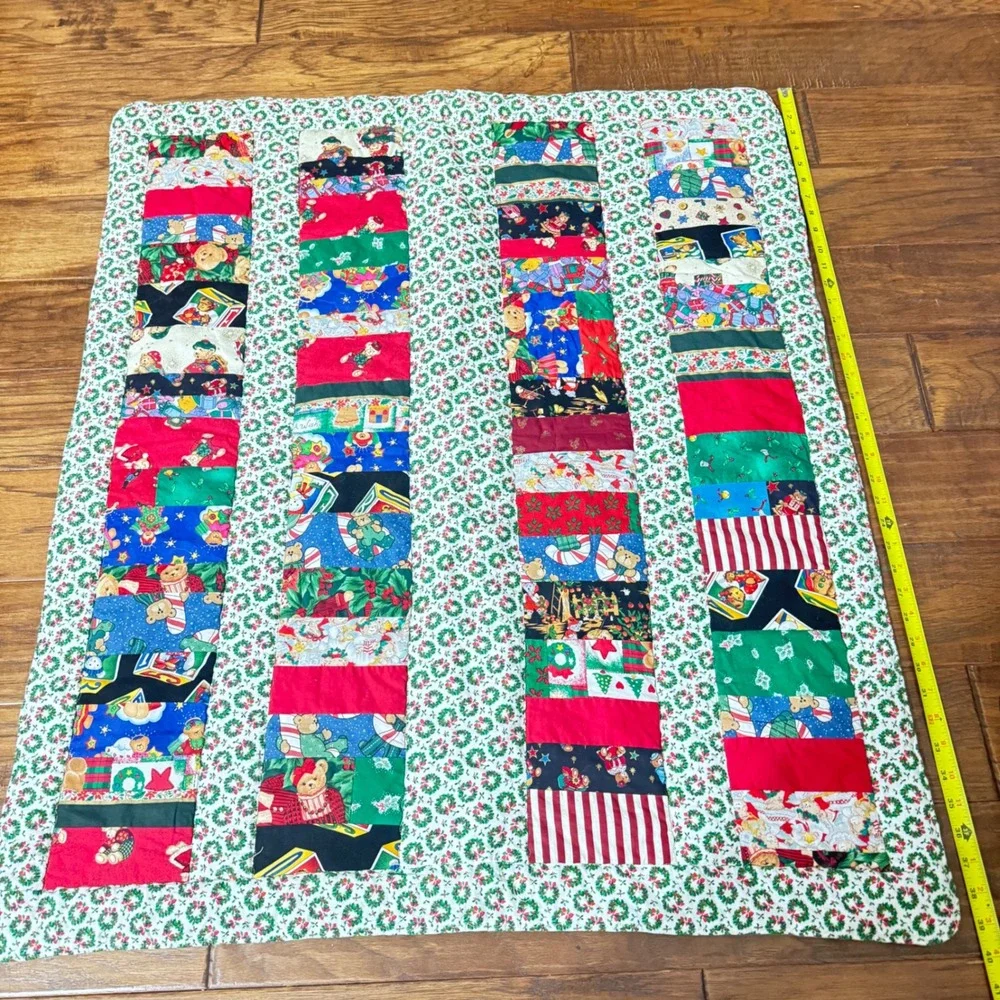 Handmade Christmas Teddy Bear‎ Patchwork Baby Quilt Holiday Lap Blanket 39x34